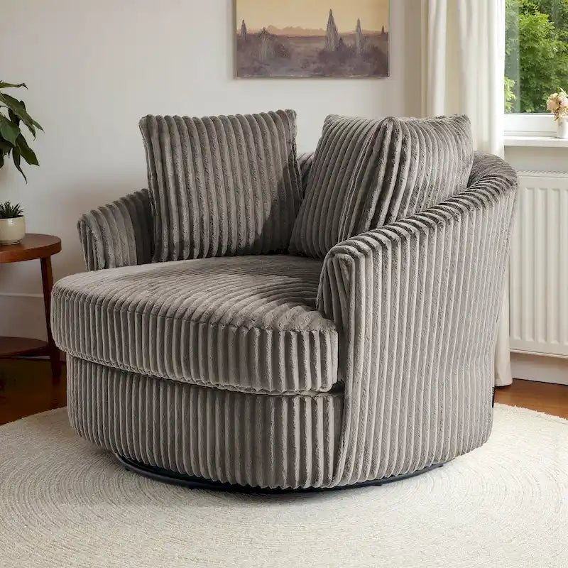 Fauteuil tonneau pivotant surdimensionné en velours côtelé moelleux, accoudoirs rentrés, 43 W