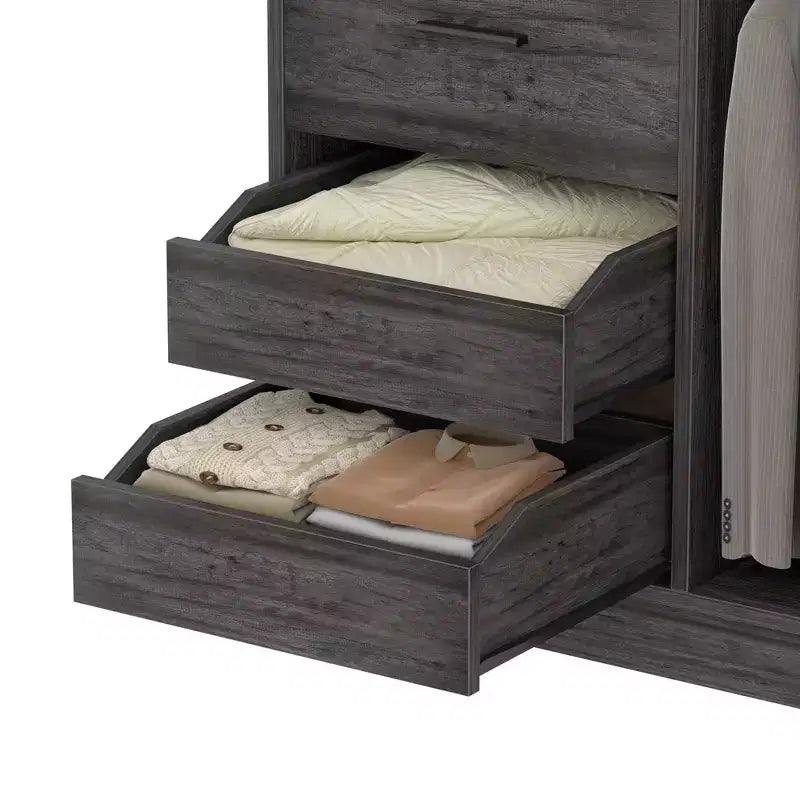 Organizer per armadio con cassetti in legno, sistema guardaroba indipendente con aste appendiabiti
