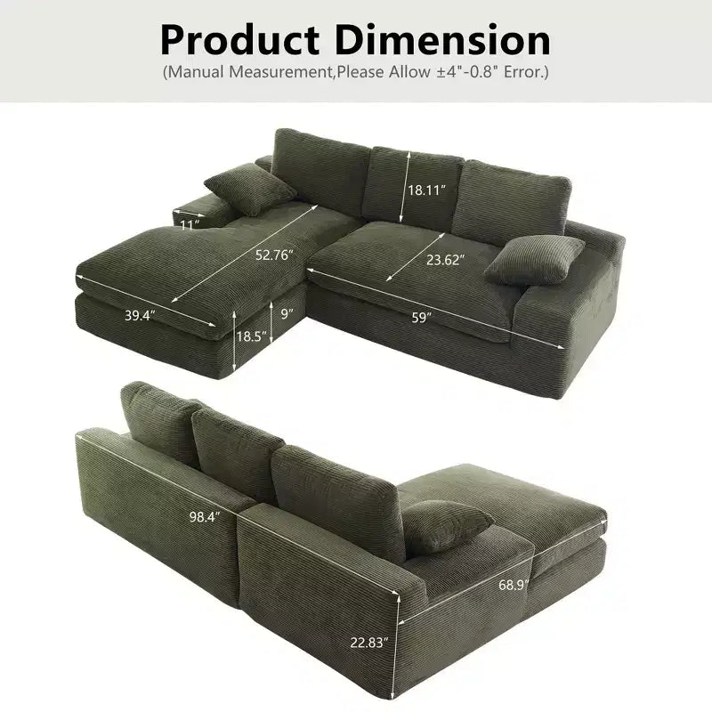 Clihome Cordsofa - weich und hautfreundlich, mit 3 Rückenkissen und 2 Zierkissen