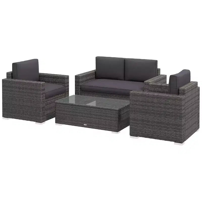 4-teiliges Rattan-Sofaset, Patio-Sofaset aus Korbgeflecht mit Zweisitzersofa, Sesseln und Couchtisch mit Glasplatte für den Garten und Außenbereich