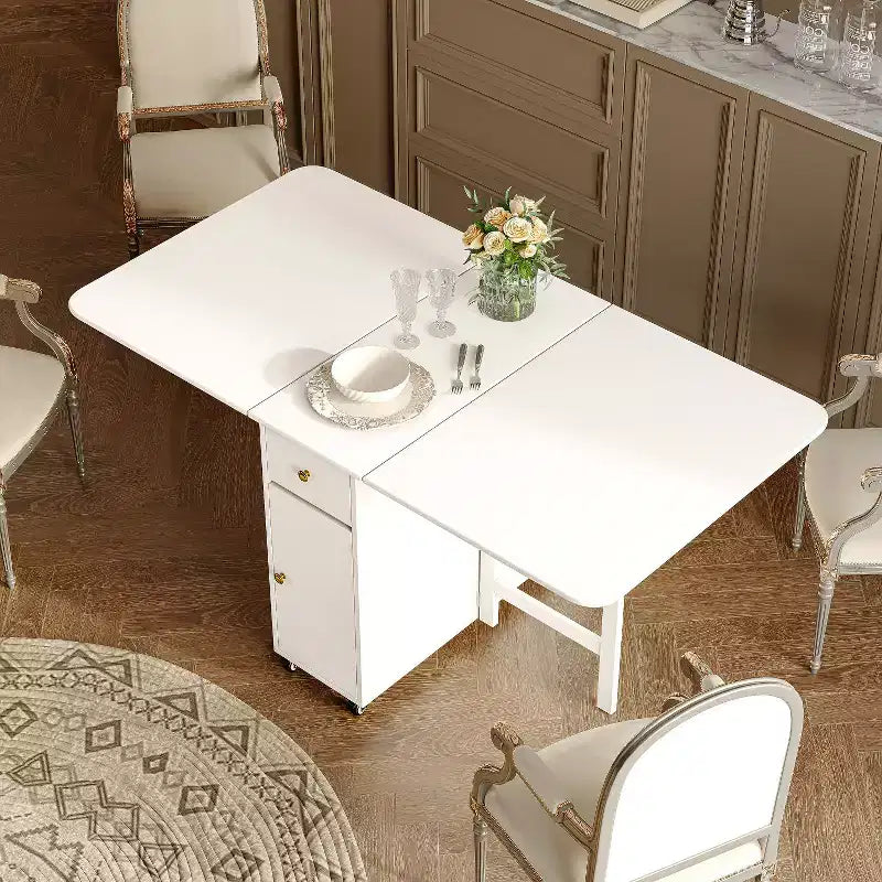 ATJafurn opklapbare eettafel van 59 inch met neerklapbare bladen voor kleine ruimtes, rechthoekige uitschuifbare houten keukentafel met wielen en opbergruimte