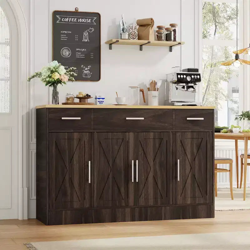 Credenza Celebalcony con contenitore, grande mobile da cucina da 53.4 con 3 cassetti e 4 ante, ripiano regolabile per cucina e soggiorno