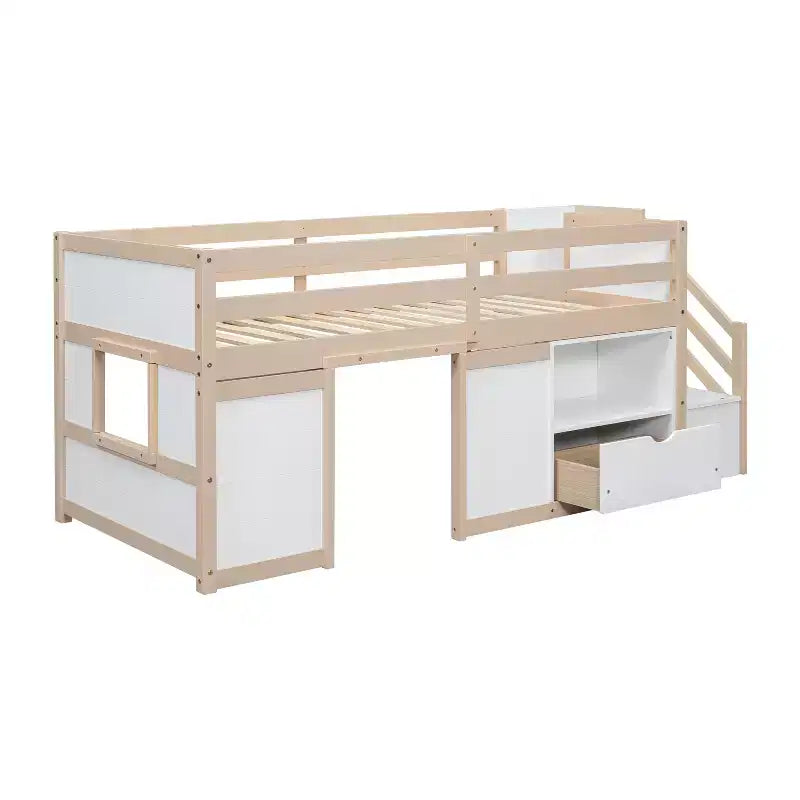 94.6L x 42.3W niedriges Hochbett aus Massivholz in Einzelgröße mit Treppe, Schublade und Regal, modernes und schlichtes Design