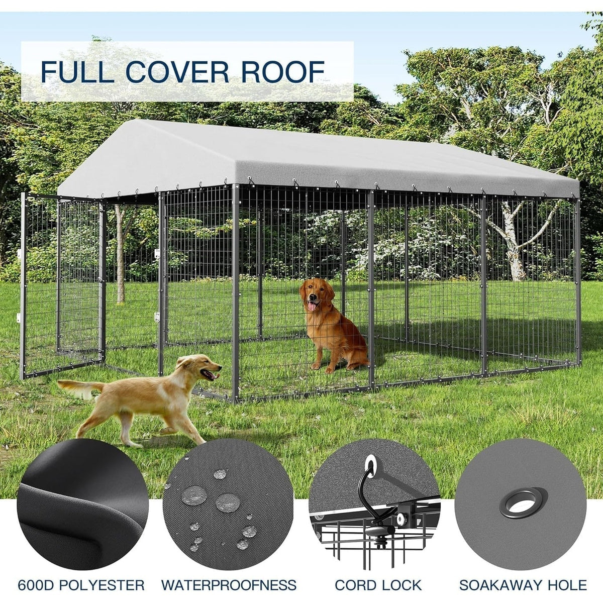 W 118 x P 118 x H 70, grande cuccia da esterno per cani, recinto robusto con tetto impermeabile