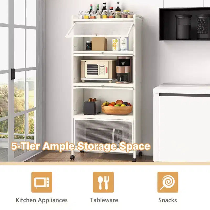 Étagère de cuisine Costway à 5 niveaux avec placard de rangement, support mobile pour micro-ondes et portes relevables, blanc/noir/gris/vert