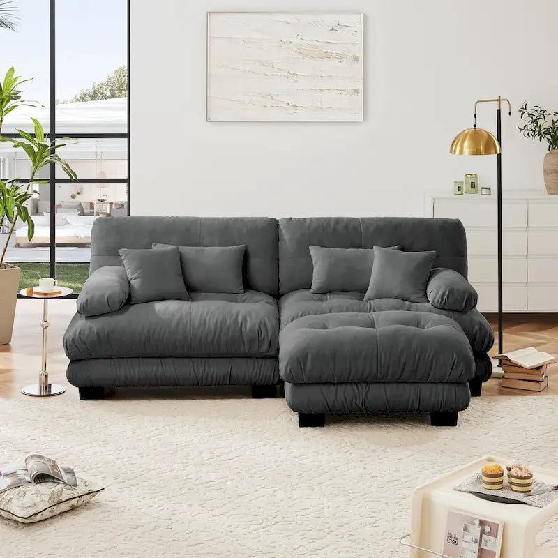 Ecksofa in L-Form, Chenille-Zweisitzer mit Lendenkissen