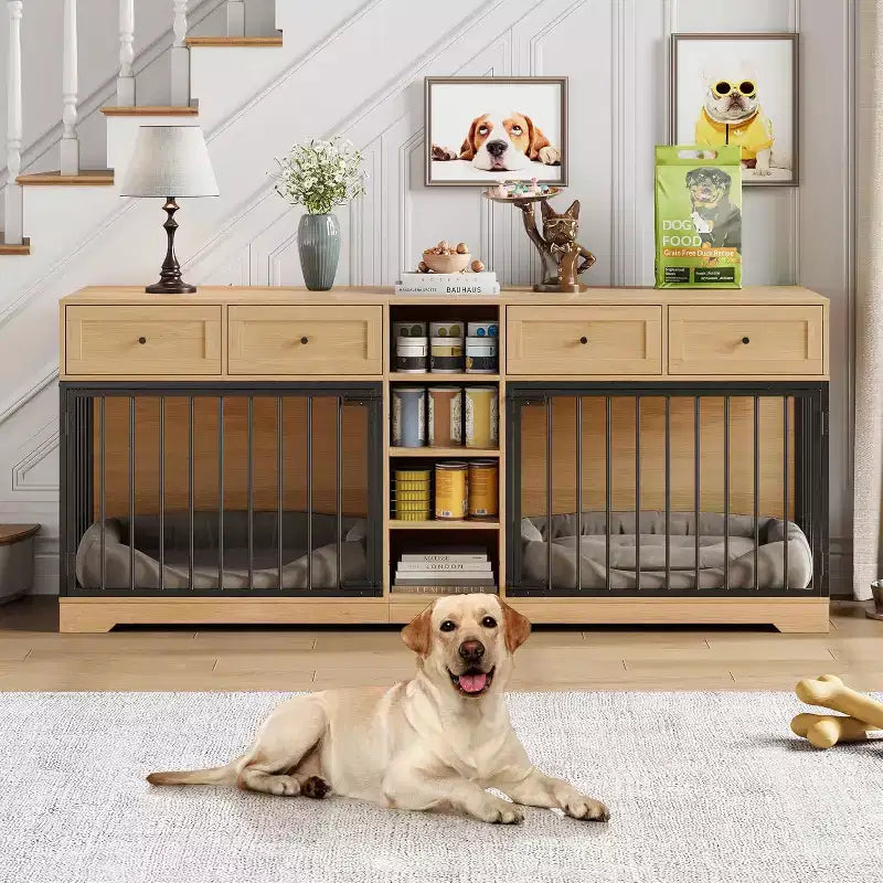 Meuble double cage pour chiens 82, grand chenil d’intérieur pour 2 chiens, cage en bois robuste faisant office de meuble TV avec 4 tiroirs et des étagères