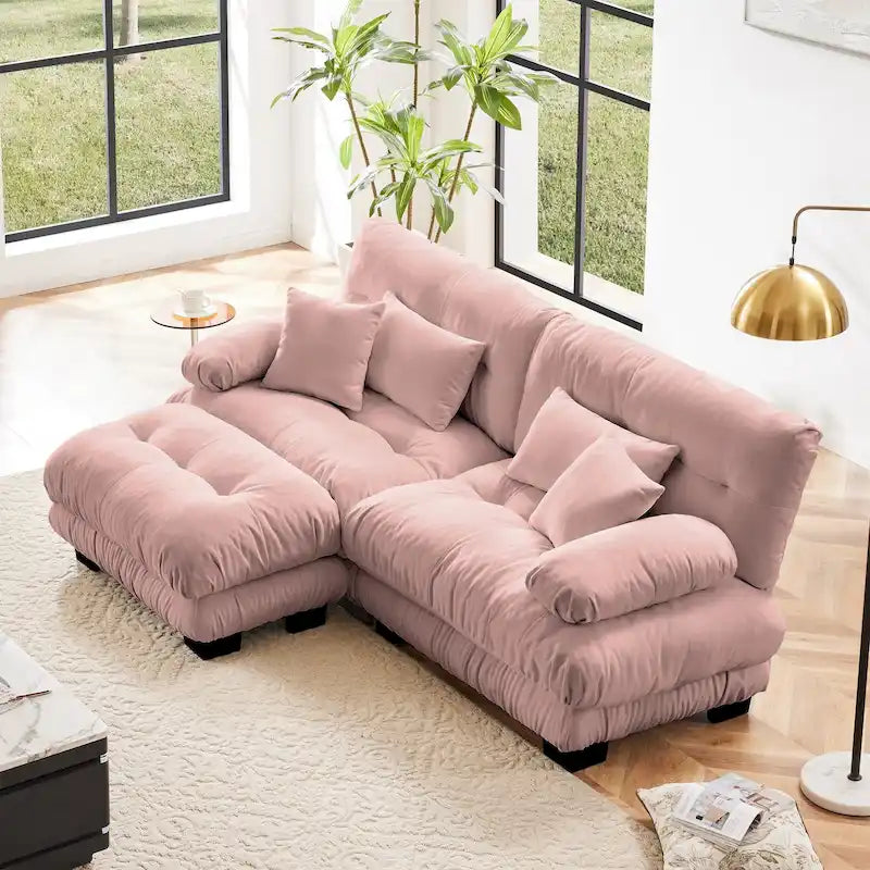 Ecksofa in L-Form, Chenille-Zweisitzer mit Lendenkissen