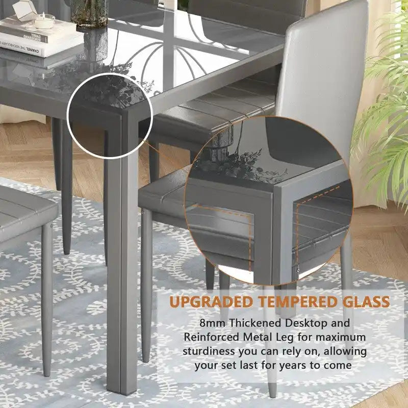 Grondin moderne 7-delige eettafelset met tafelblad van gehard glas en 6 met PU-leer beklede stoelen