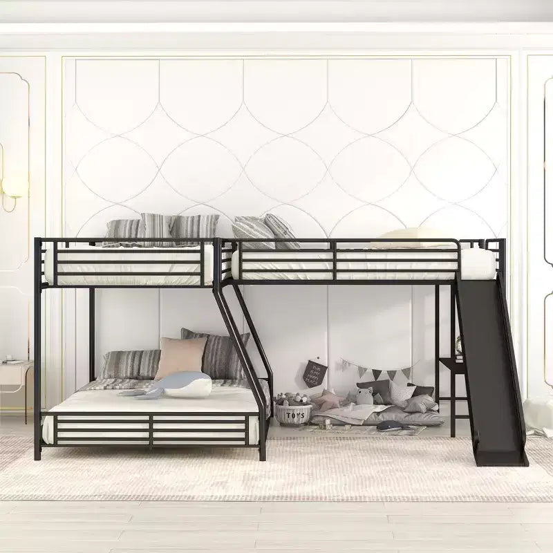 Lit superposé en métal avec lits jumeaux et grand lit, lit superposé en forme de L pour 3 enfants, lit superposé triple robuste avec bureau et toboggan, noir