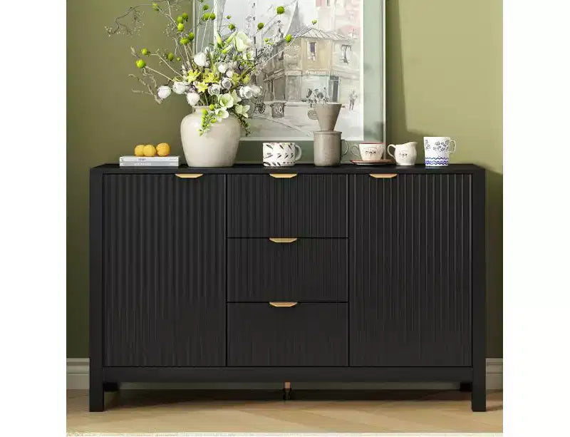 Wellenförmiger Flurschrank mit 3 Schubladen, 3 verstellbaren Einlegeböden, Türen mit Soft-Close-Funktion und Metallgriffen, ideal für Flure oder Wohnzimmer