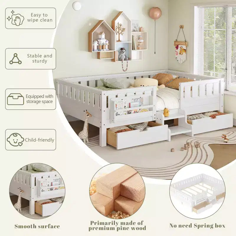 Lit pour enfant Bellemave format queen avec 14 barrières de sécurité, cadre de lit compact avec bibliothèque intégrée et 2 tiroirs de rangement sous le lit