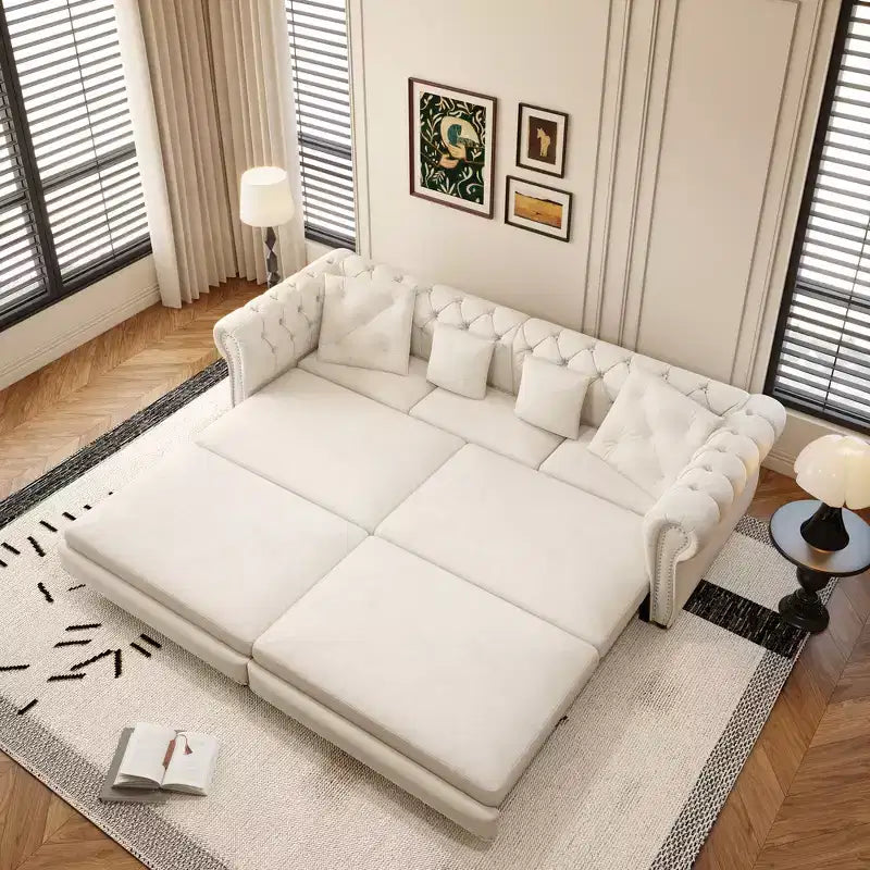 Whisen Schlafsofa aus Samt, 3-in-1, King Size, ausziehbar und umwandelbar, mit beweglichem Ottomanen, gestepptes Design