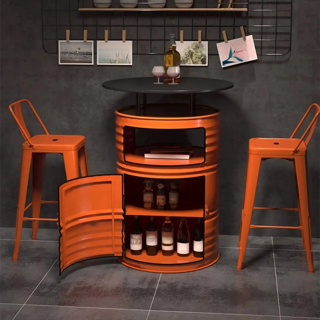 Industrielle schwarze und orangefarbene Metallfass-Tische mit Stauraum