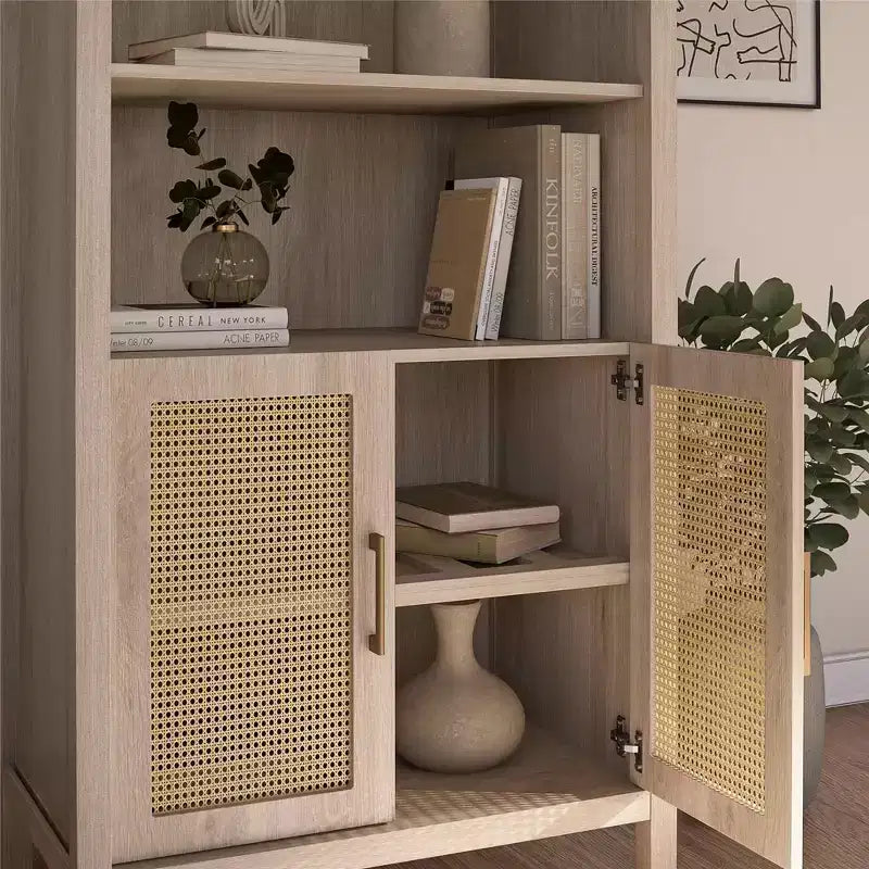 Vitrine bohème à portes cintrées avec 2 portes en faux rotin, 5 étagères réglables pour salon ou cuisine, beige