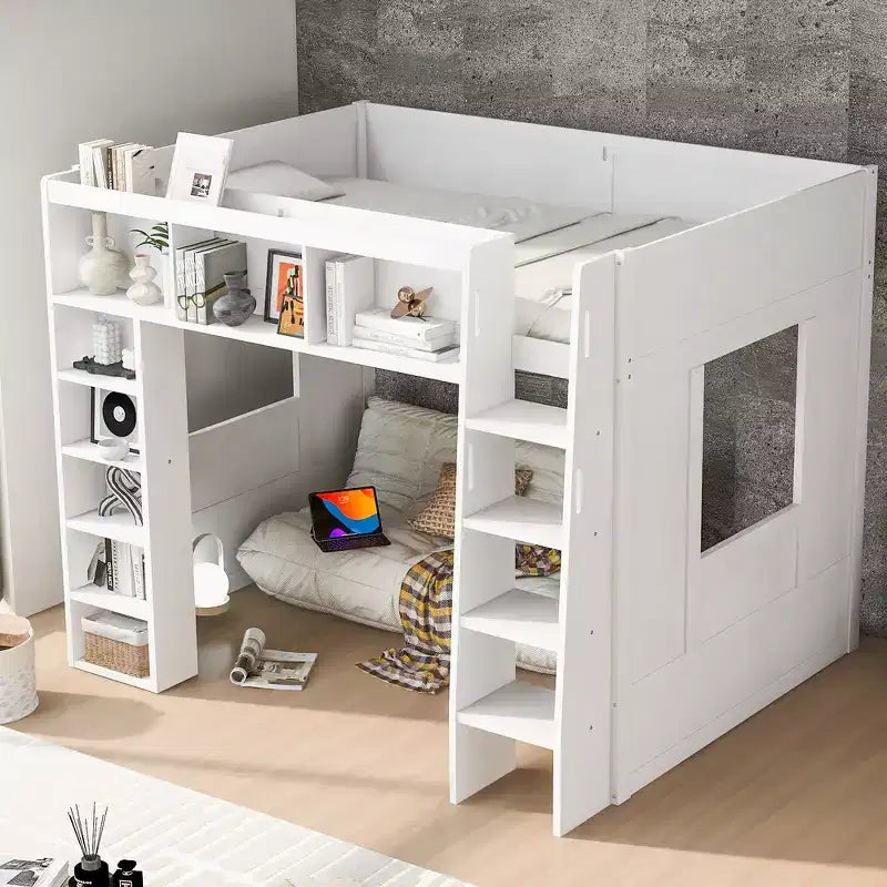 Whisen-Hochbett aus Holz in Queen-Size mit Stauschränken und Regalen