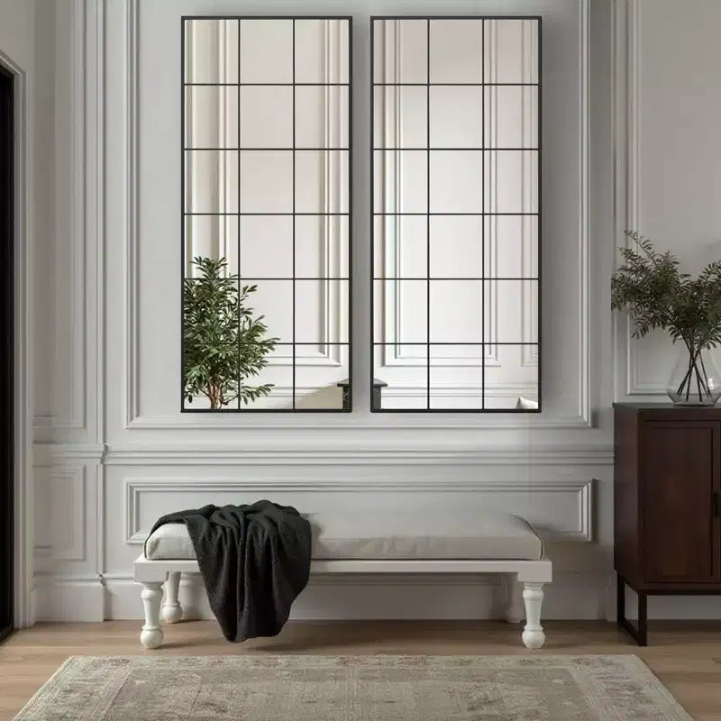 Specchio a figura intera rettangolare nero 69x30, con cornice in metallo e riquadri a finestra, per bagno, camera da letto, ingresso e soggiorno