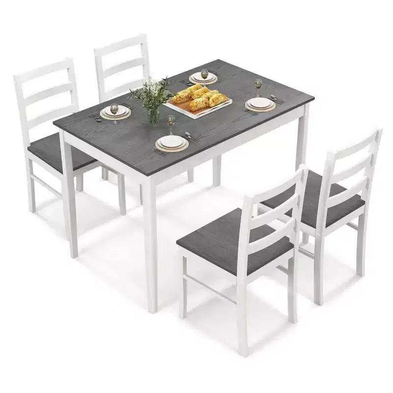 Costway 5-delige eetkamerset van massief hout, keukenmeubels met rechthoekige tafel en 4 stoelen, naturel/koffiekleur/grijs