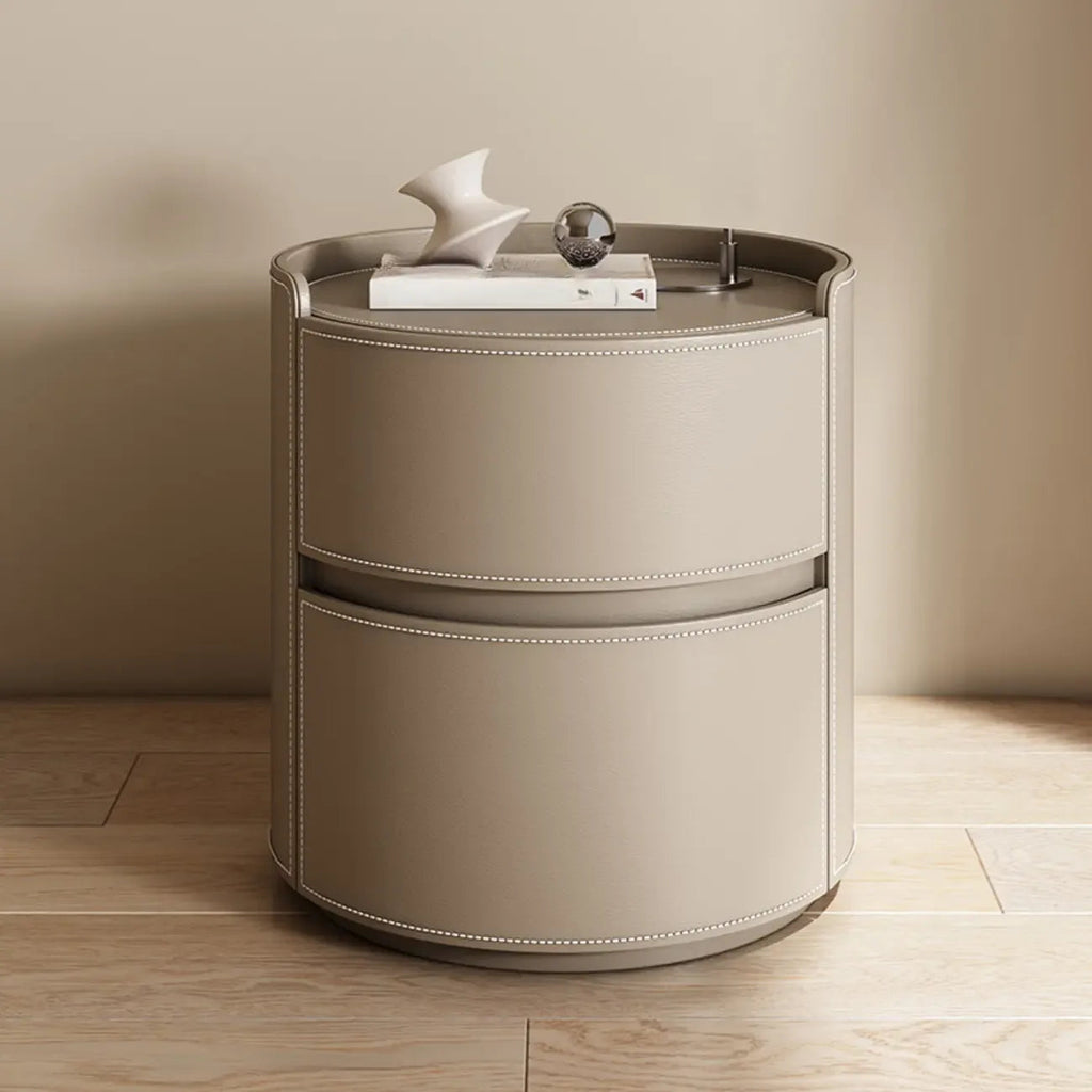 Comodino rotondo moderno con vassoio in pelle e 2 cassetti