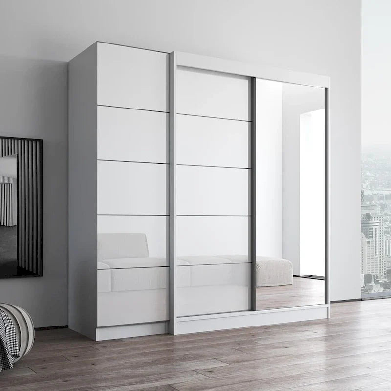 Armoire à 2 portes avec miroir et façade en verre, pour 2 personnes (gris / noir / blanc)