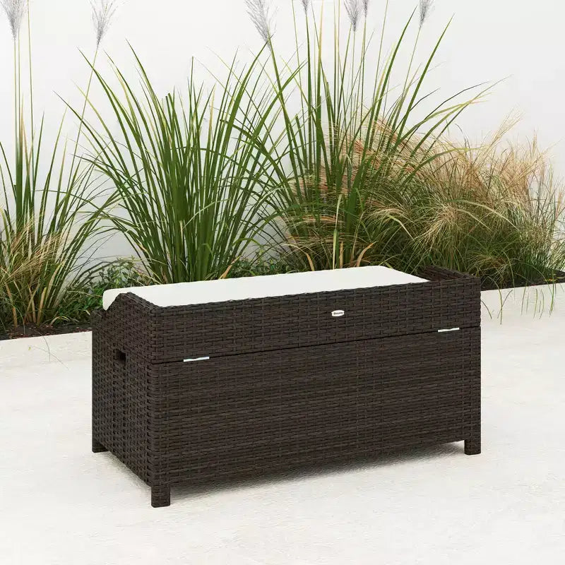 Banc de rangement extérieur en osier avec coussin