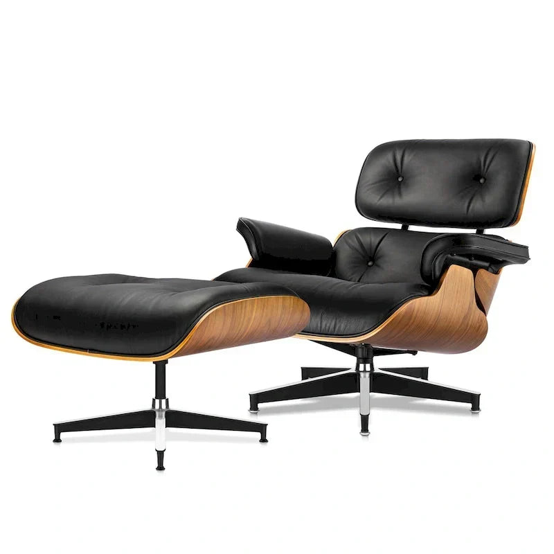 Poltrona lounge d’accento Furgle in vera pelle con pouf e legno di noce