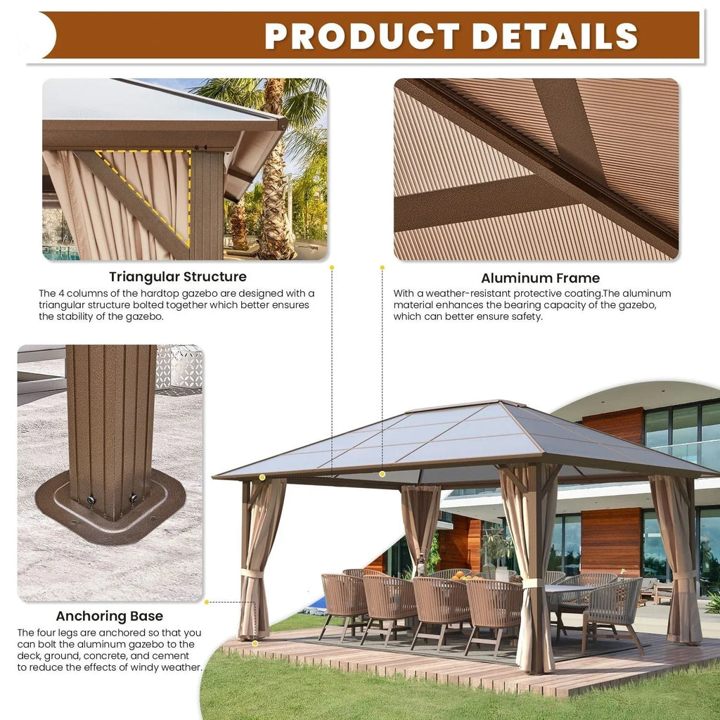 EROMMY hardtop-paviljoen, pergola voor buiten met dubbel dak, netten en gordijnen, extra stevig zonnescherm voor terras, achtertuin en zwembadfeest