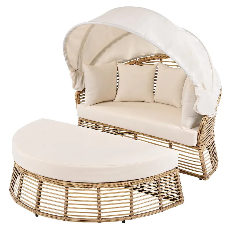 Daybed rotondo da esterno in rattan con tettoia e cuscini rimovibili