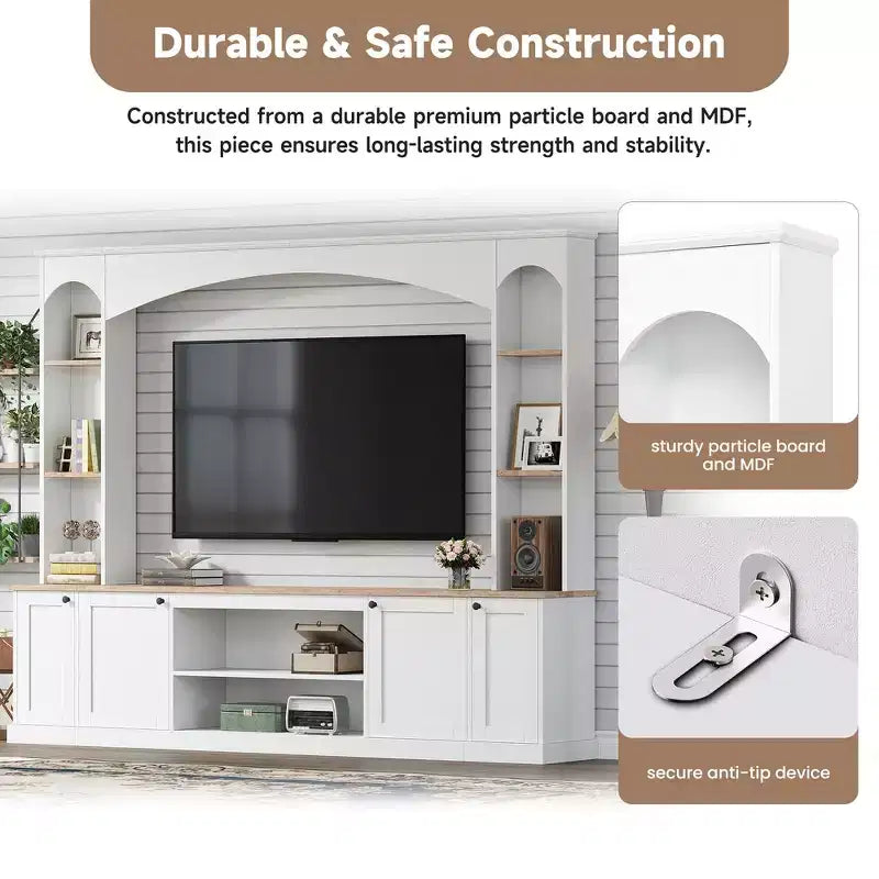 Whisen 91 Medienkonsole, geschwungene Entertainment-Center-Wandeinheit, TV-Schrank im Landhausstil mit Bücherregal in Holzoptik für Fernseher bis zu 70