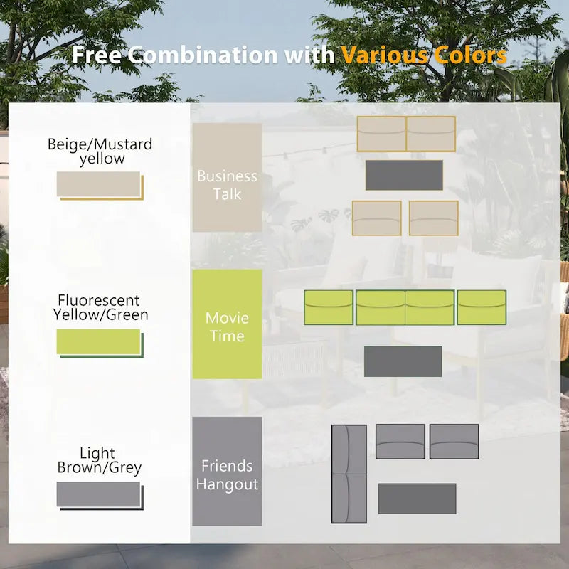 4-delige tuinmeubelset, loungeset voor buiten met tafel van gehard glas, diepe zit en dikke kussens