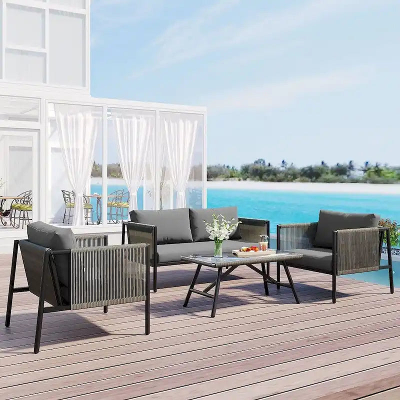 4-teiliges Outdoor-Sitzset aus Seil für 4 Personen mit Kissen und Glastisch