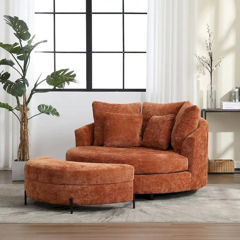 Fauteuil canapé moderne rond de style tonneau avec 5 coussins et pouf en option