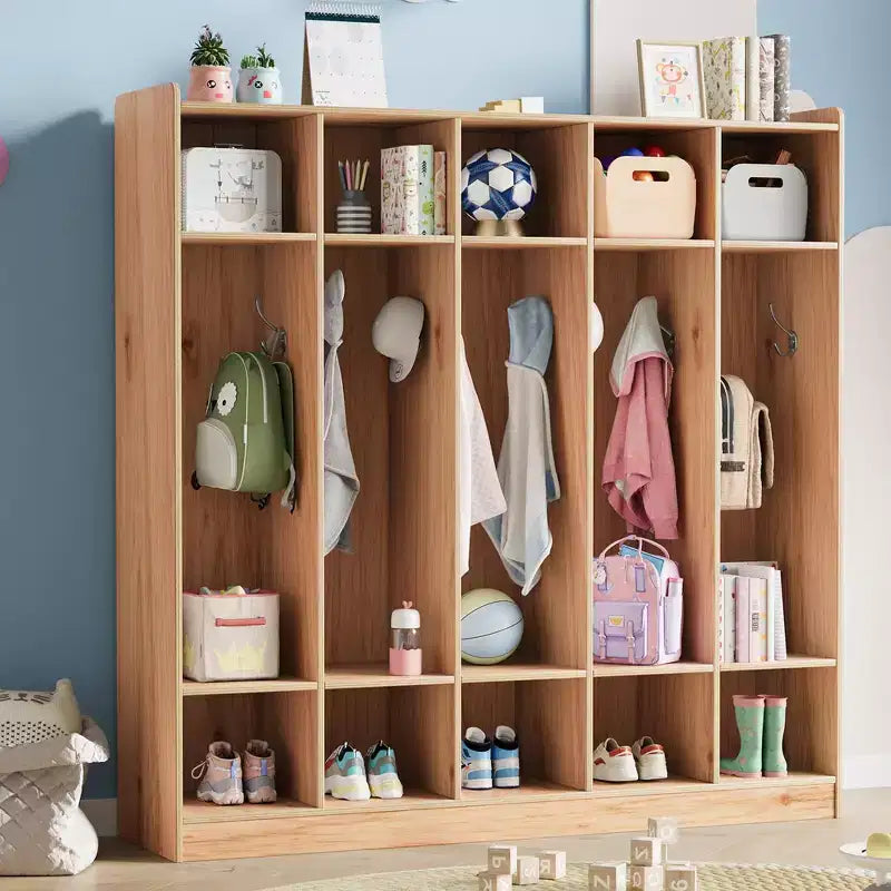 Garderobenschrank für Klassenzimmer mit 5 Fächern und 10 Ablagefächern, Aufbewahrungsorganizer mit 10 Haken für Zuhause, Schule, Kinderkrippe und Kindergarten