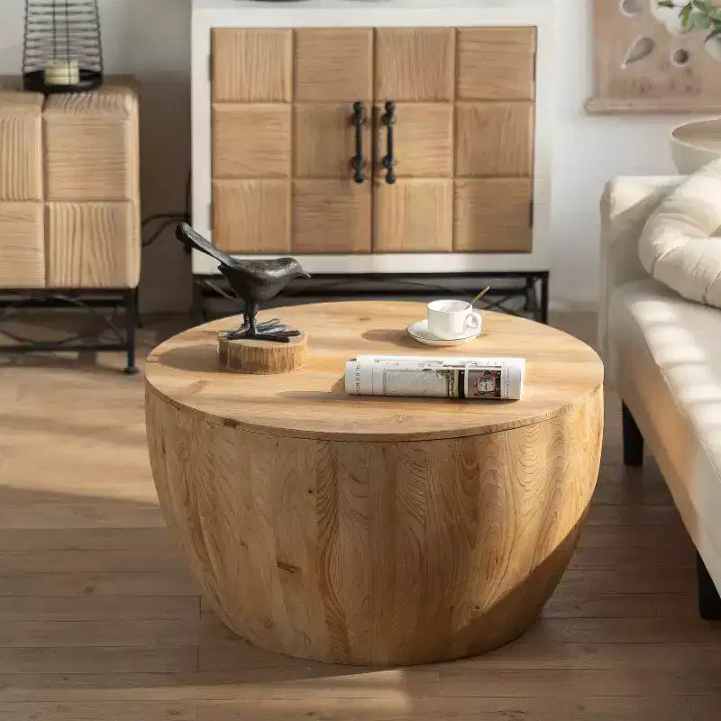 Ronde salontafel met opbergruimte in retrostijl, gemaakt van hout, geschikt voor de woonkamer, eetkamer of kantoor.