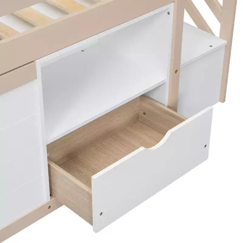 94.6L x 42.3W niedriges Hochbett aus Massivholz in Einzelgröße mit Treppe, Schublade und Regal, modernes und schlichtes Design