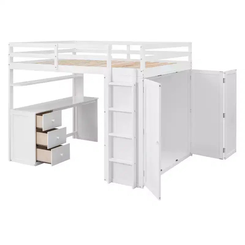 CLIHOME Hochbett in voller Größe mit 3 Aufbewahrungsschubladen, Schreibtisch und Kleiderschrank