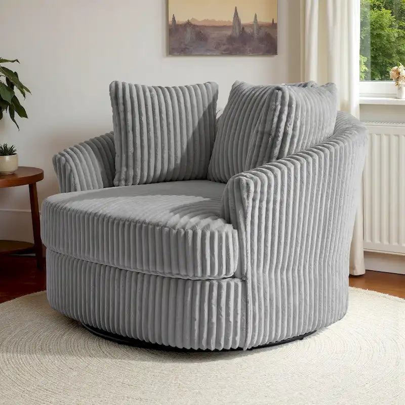 Fauteuil tonneau pivotant surdimensionné en velours côtelé moelleux, accoudoirs rentrés, 43 W