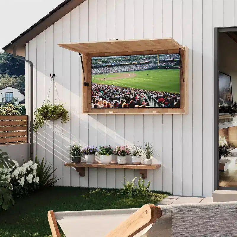 Abri pour téléviseur d’extérieur de 55 in, protection étanche en bois massif avec support réglable 4D et porte rabattable (compatible avec les téléviseurs de 44-55 in)