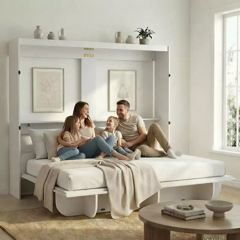 Lit escamotable invisible 2-en-1 avec étagères de rangement, grand lit, bois naturel (matelas non inclus)