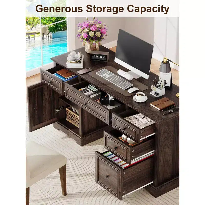 Dyonery 60-Zoll-Schreibtisch im Landhausstil mit Schubladen und Aktenschrank, Schreibtisch aus Holz mit geprägter Struktur fürs Homeoffice, Schwarz/Braun/Weiß und Braun