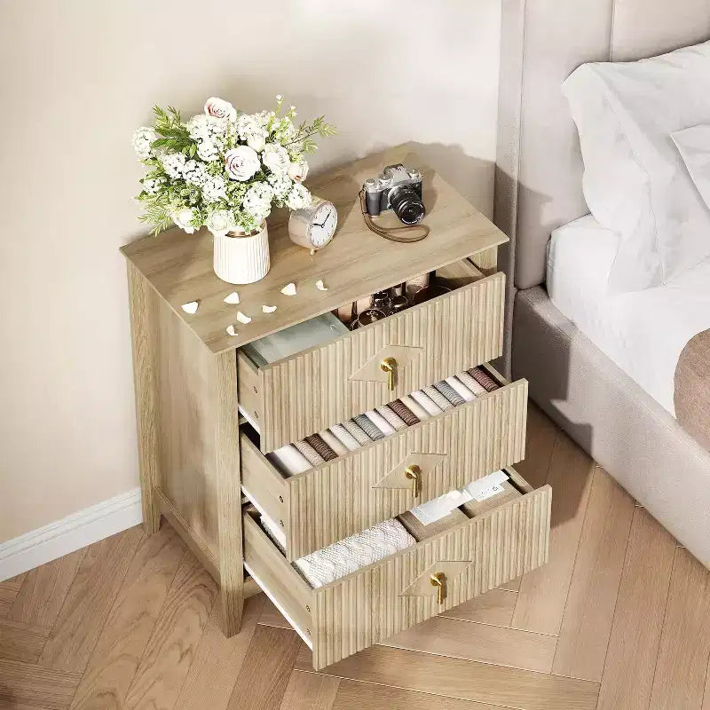 Lot de 2 tables de chevet en bois cannelé, commode de 27.5 de large à 3 tiroirs, tables de chevet modernes, commode pour chambre ou salon