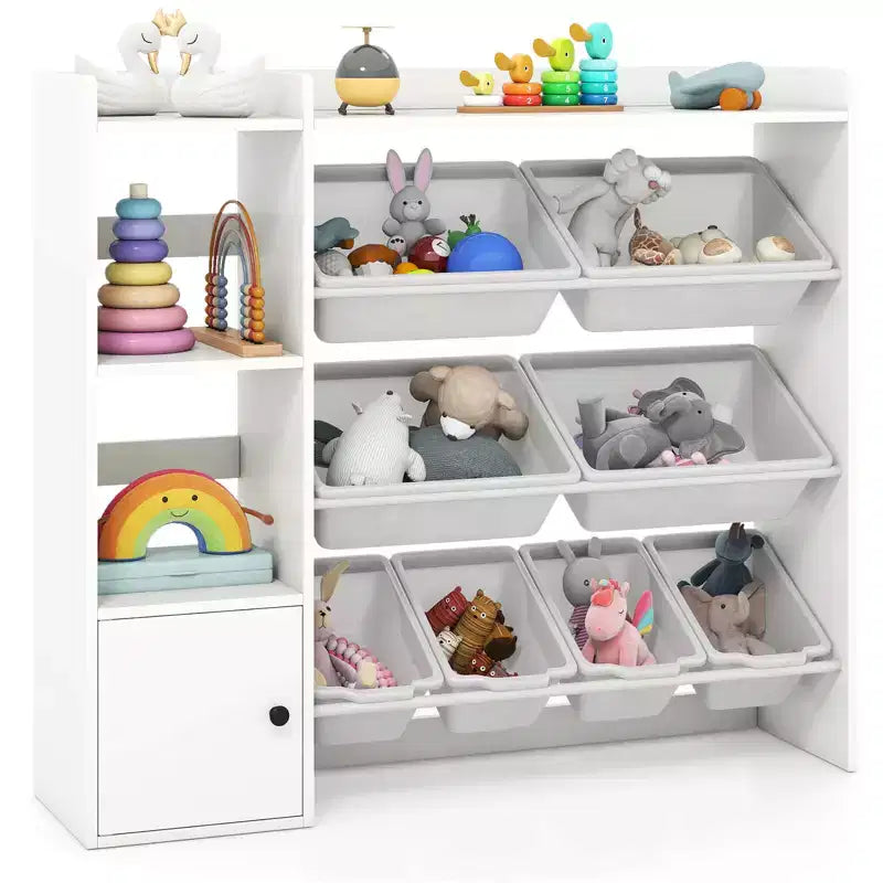 Costway Spielzeugaufbewahrung und Bücherregal für Kinder, Bücherregal aus Holz mit 4 kleinen und 4 großen Boxen, Grau/Weiß