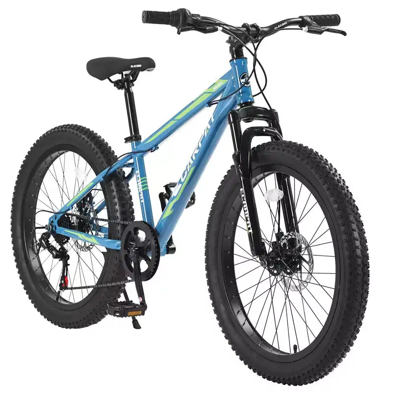 Bicicletta Okak da 24IN con pneumatici larghi e sospensione anteriore, mountain bike a 7 velocità con freno a disco e telaio in acciaio ad alto tenore di carbonio, bici da trail per gli spostamenti