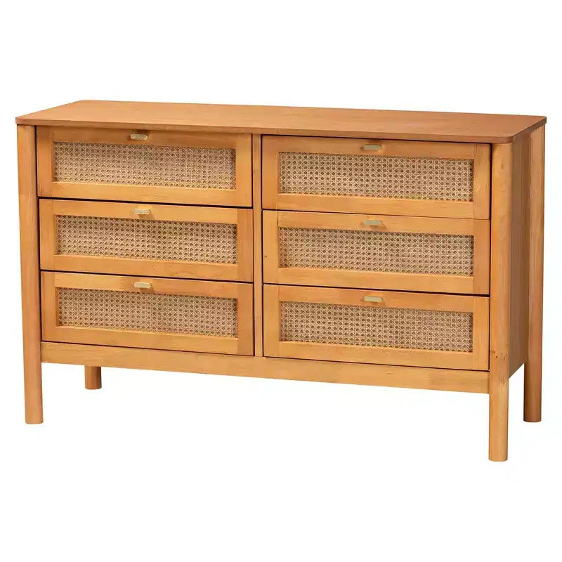 Baxton Studio Jenn Japandi-slaapkamersset van 5 delen in goudbruin hout, queensize, met rotan met verweerde afwerking