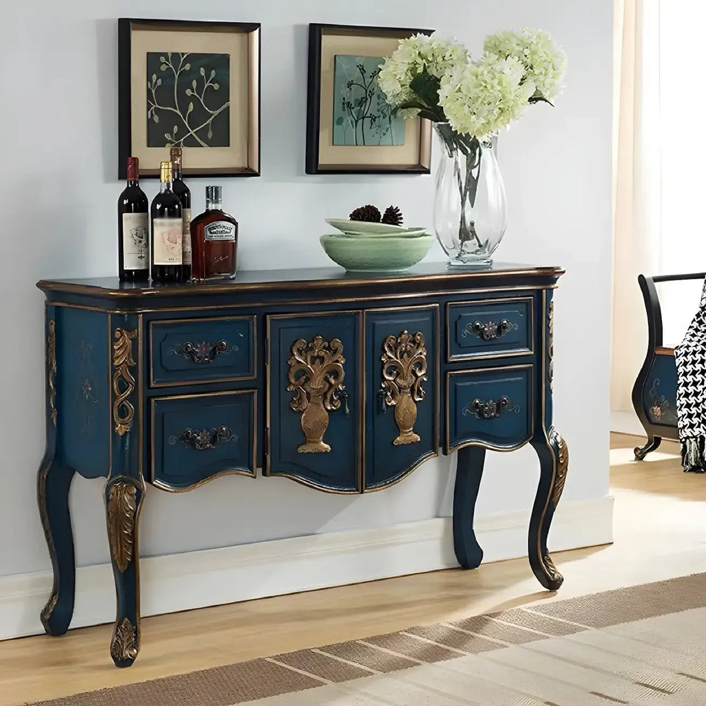 Franse houten koffiekleurige opbergconsoletafel met laden