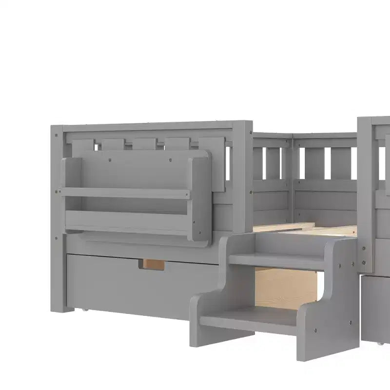 Lit pour enfant Bellemave format queen avec 14 barrières de sécurité, cadre de lit compact avec bibliothèque intégrée et 2 tiroirs de rangement sous le lit