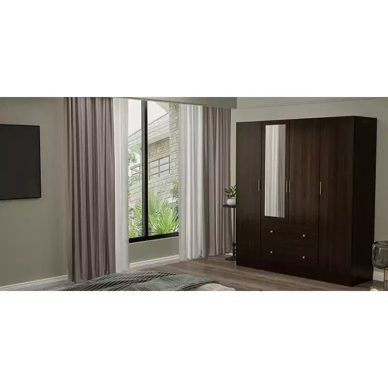 Hitow Kleiderschrank mit 2 großen Schubladen, mittigem Hängbereich und Spiegel, minimalistischer Stil