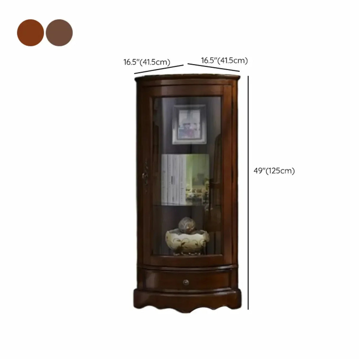 Klassischer brauner Eckschrank aus Gummibaumholz mit Glastür