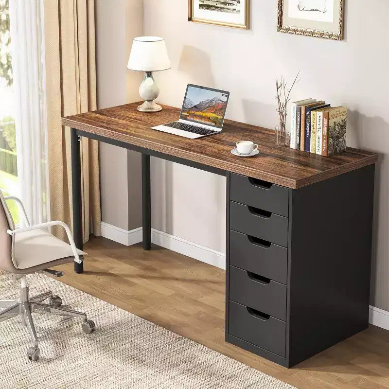 Bureau d’ordinateur Lantine avec 5 tiroirs, bureau moderne et sobre de 47 pouces pour le télétravail, les études et l’écriture, idéal pour les petits espaces