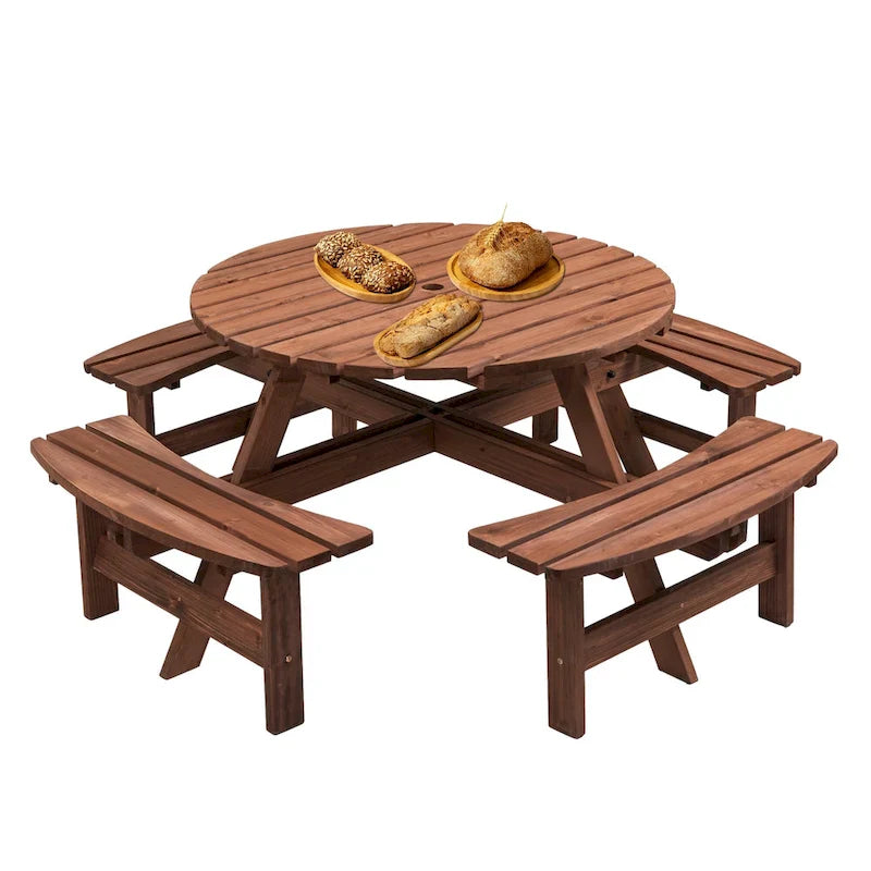 Ensemble de pique-nique rond en bois de sapin pour terrasse extérieure, pour 8 personnes, avec 4 bancs intégrés et un trou pour parasol